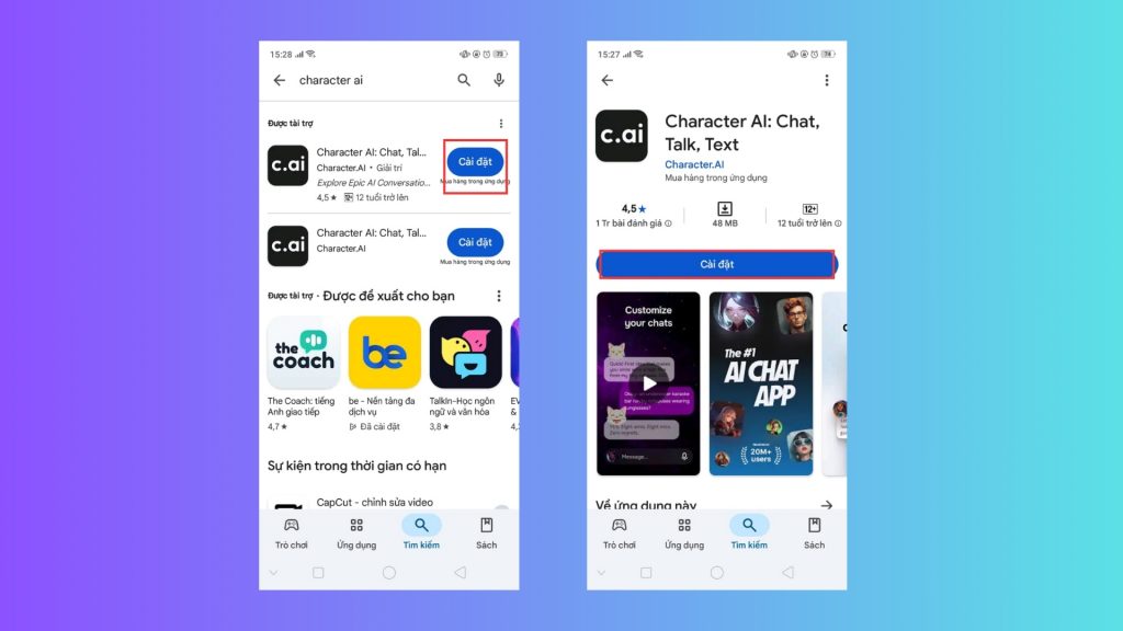 Tìm ứng dụng Character AI trên CH Play