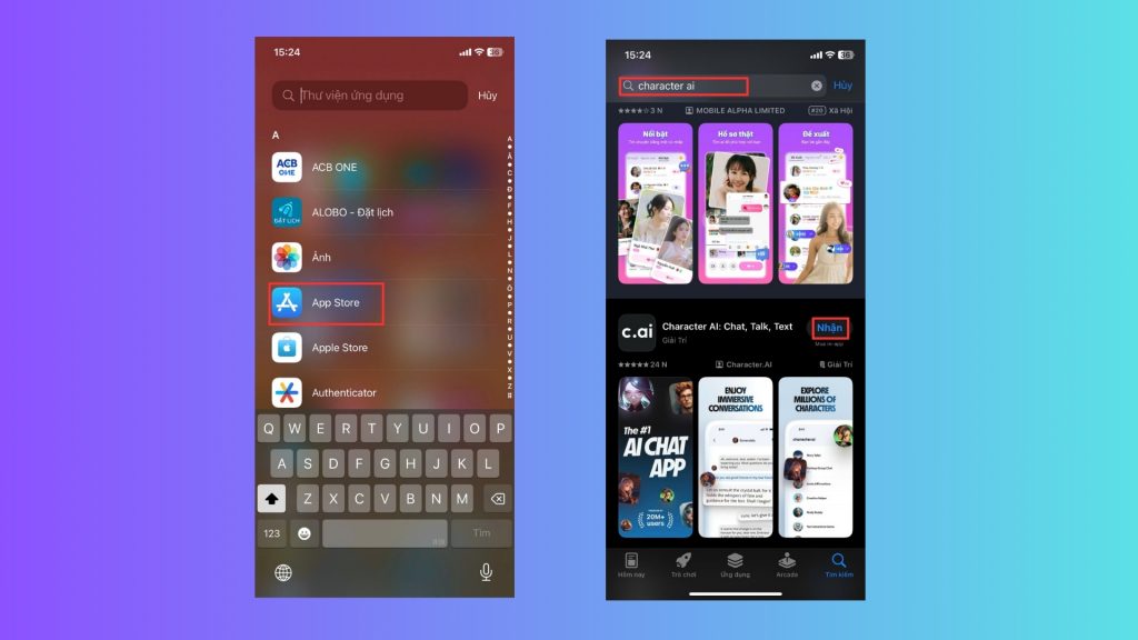 Vào App Store sau đó soạn chữ Character AI và tiến hành cài đặt