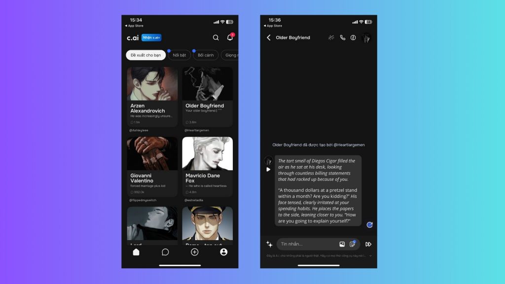 Lựa chọn nhân vật yêu thích để bắt đầu trò chuyện
