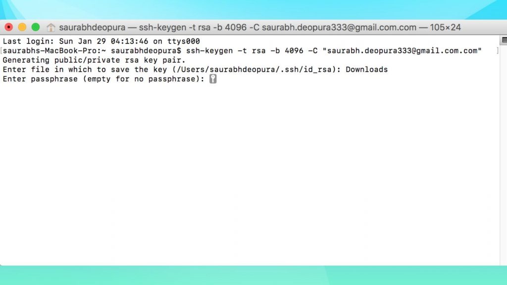 Nhập passphrase khi tạo SSH Key