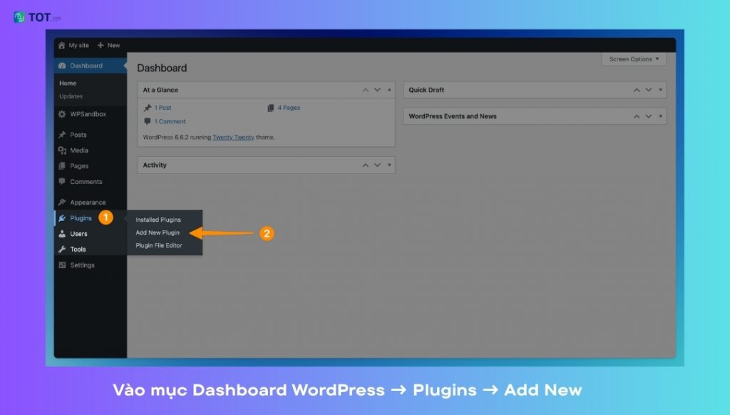Đăng nhập WordPress vào mục Dashboard WordPress → Plugins → Add New Plugin