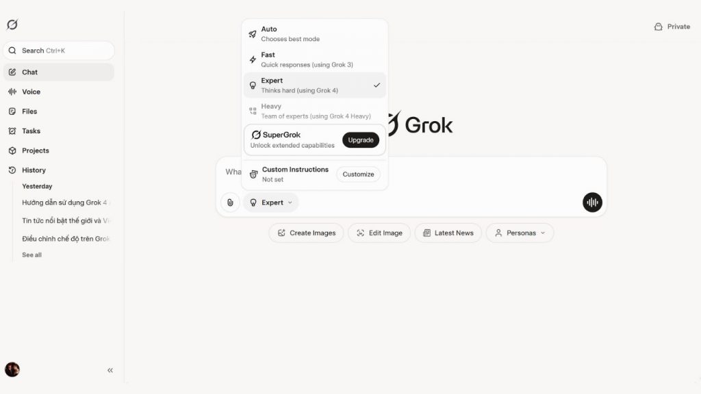 các chế độ sử dụng Grok 4